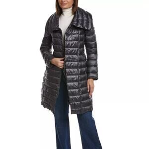 Via Spiga Asymmetrical Belted Puffer Coat Women's Medium Blue Winter Outerwear